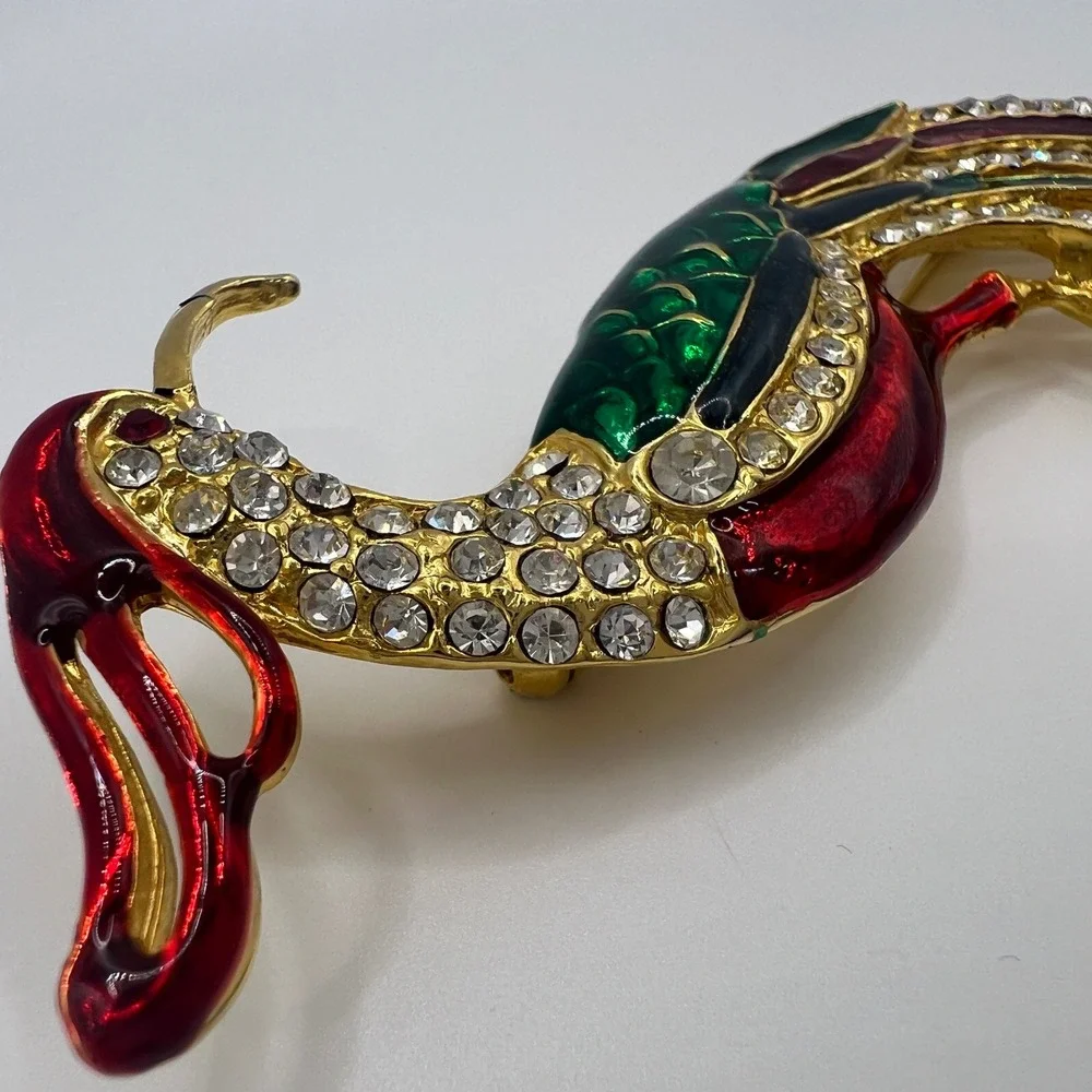 Vintage Phoenix Bird Brooch Gold Tone Red Green Enamel Rhinestone Long Tail Pin